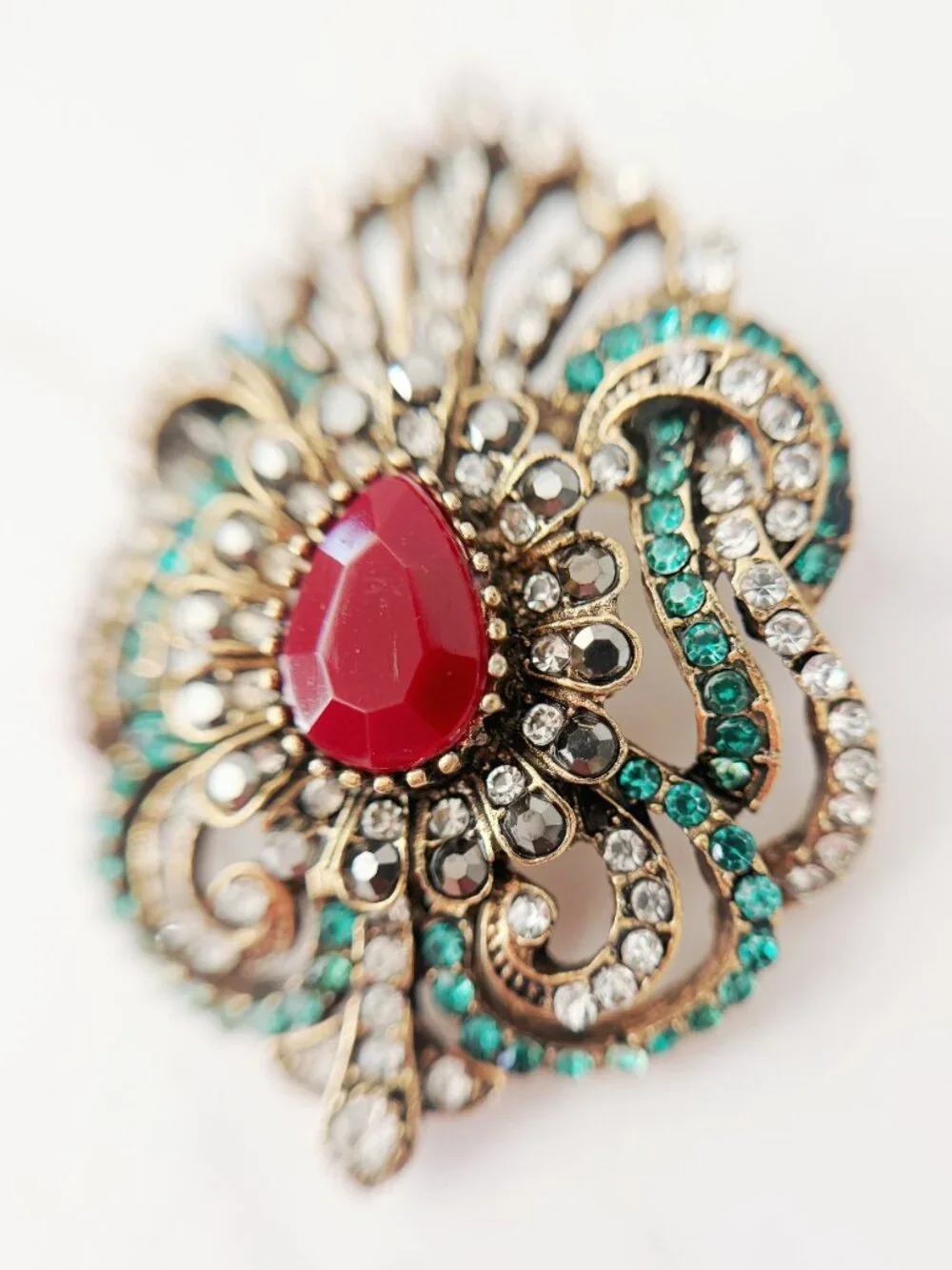 Vintage Style Red Teardrop Brooch Pin, Antique Gold Floral Statement Jewelry